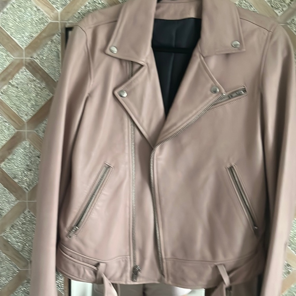 Size small Blk denim dusty pink all leather biker jacket . Rare